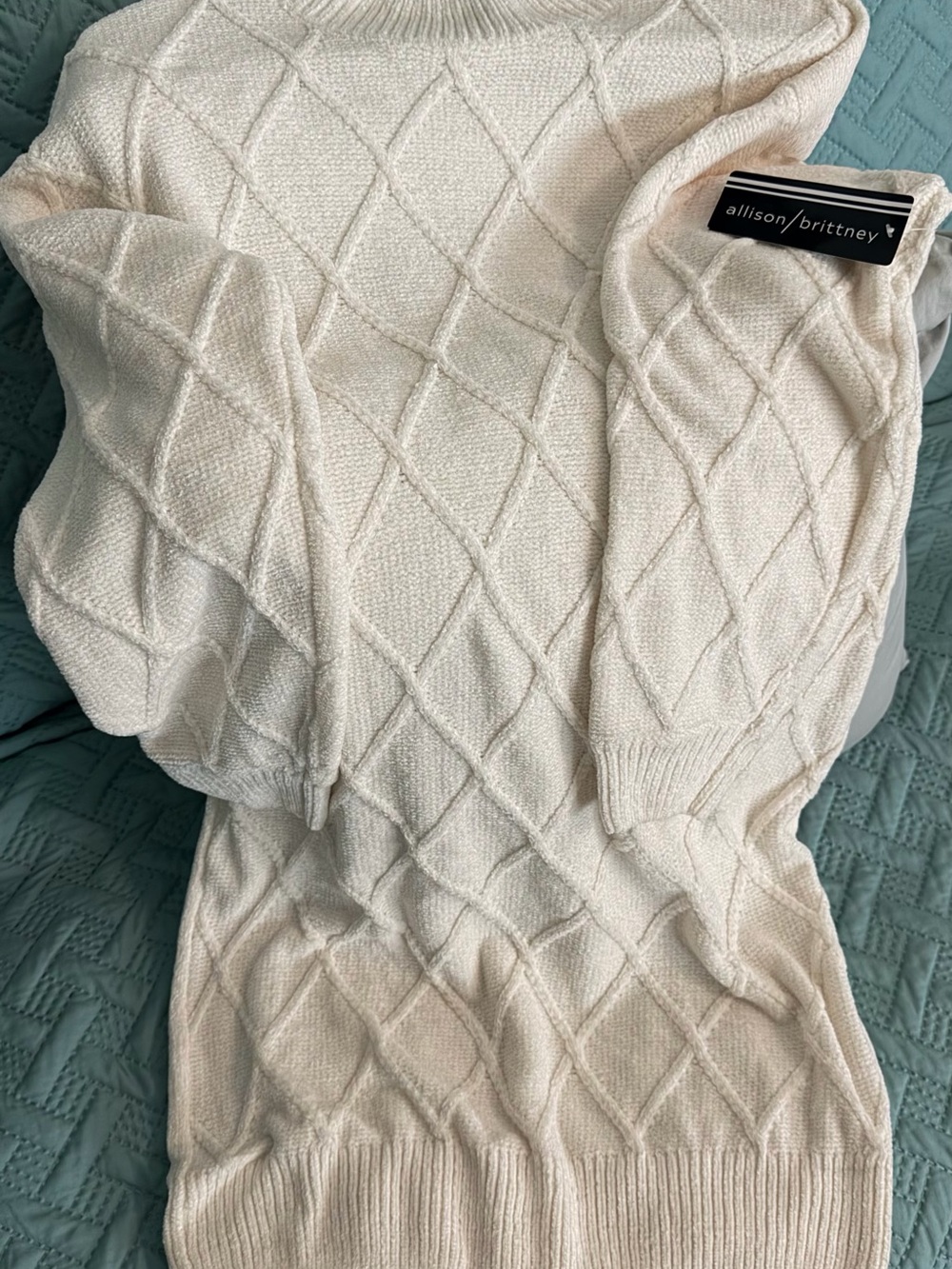 Allison Brittney Cream Diamond-Knit Cowl Neck Sweater